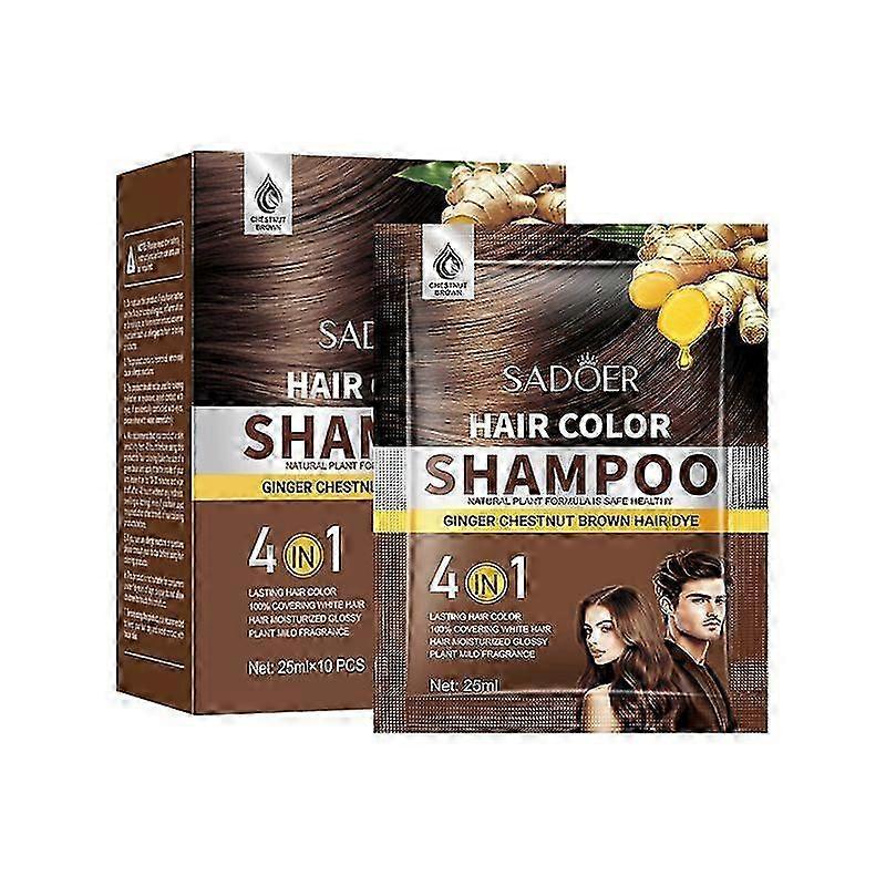 Gray Hair Color Shampoo - Natural Ginger Chestnut Brown Hair Dye Shampoo for Long-Lasting Color in Minutes, 25ml x 10pcs, Travel Size