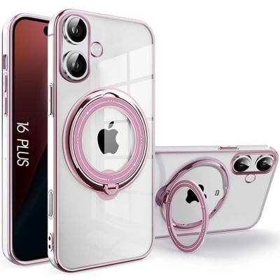 Чехол для iPhone 16 Plus, Противоударная силиконовая защита с розовым контуром и магнитной подставкой