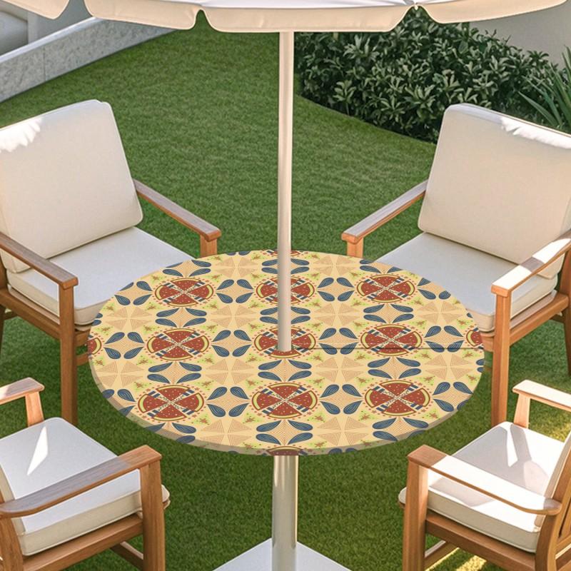 Outdoor Round Table Cover With Geometric Waterproof Elastic Edge Patio Garden Dining