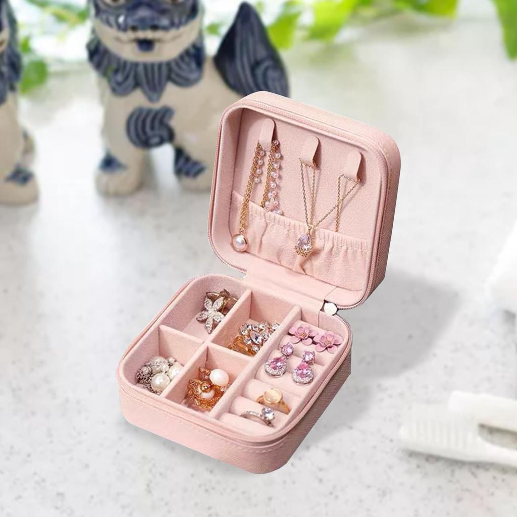 Portable Jewelry Case Multiple Grids Lightweight Mini Travel Jewellery Box with Zipper for Home Business Trip Pink