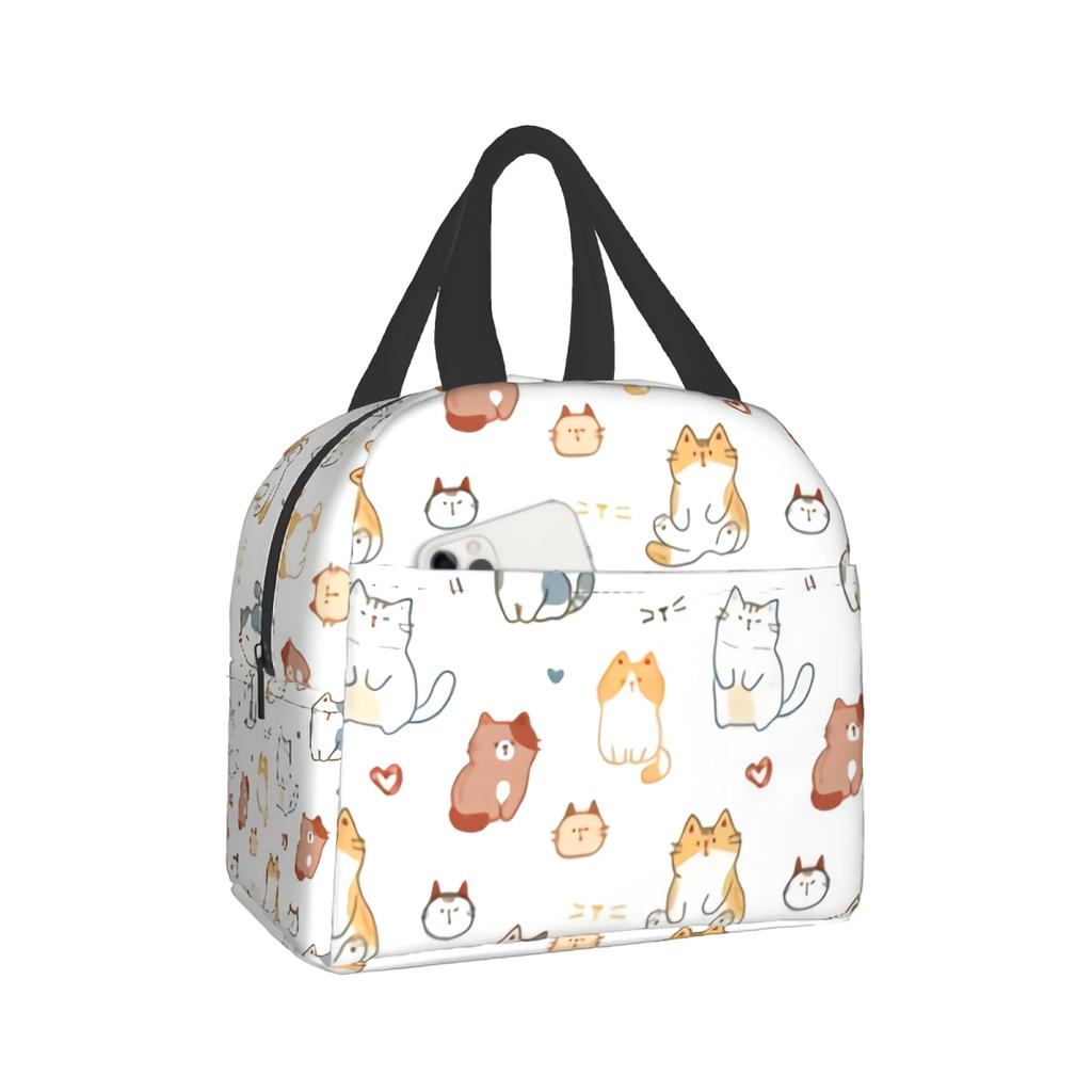 Funny Cats Insulated Lunch Bag Coloful Cat And Heart Lunch Box Reusable Portable Picnic Travel Bento Bag Cute Pets Thermal Tote