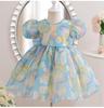 Платье для девочек Летнее Новое Корейское Принцесса Сетка Жемчуг Круглый Вырез Большой Бант Рукав-пузырь Пышное Платье Детская Одежда для Девочек