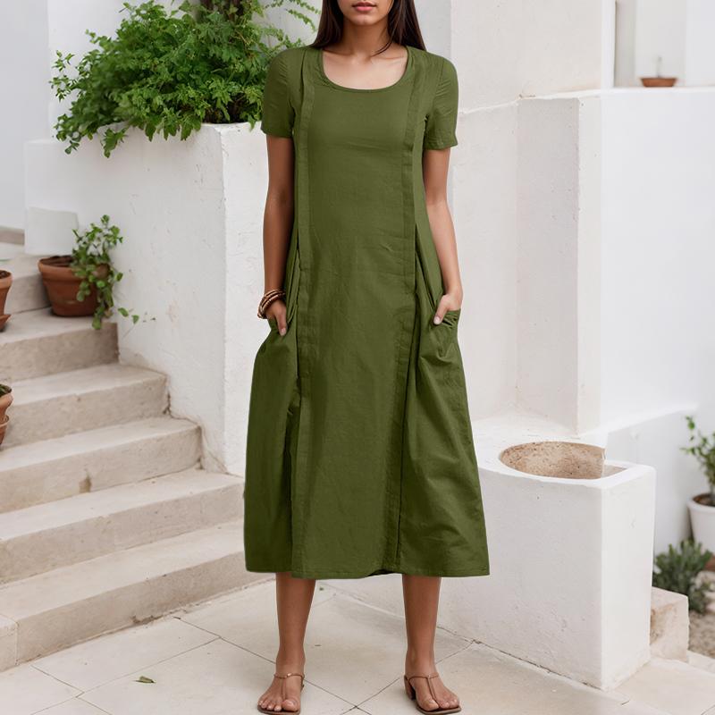 ZANZEA Women Casual Round Neck Solid Color Summer Short Sleeve Dress