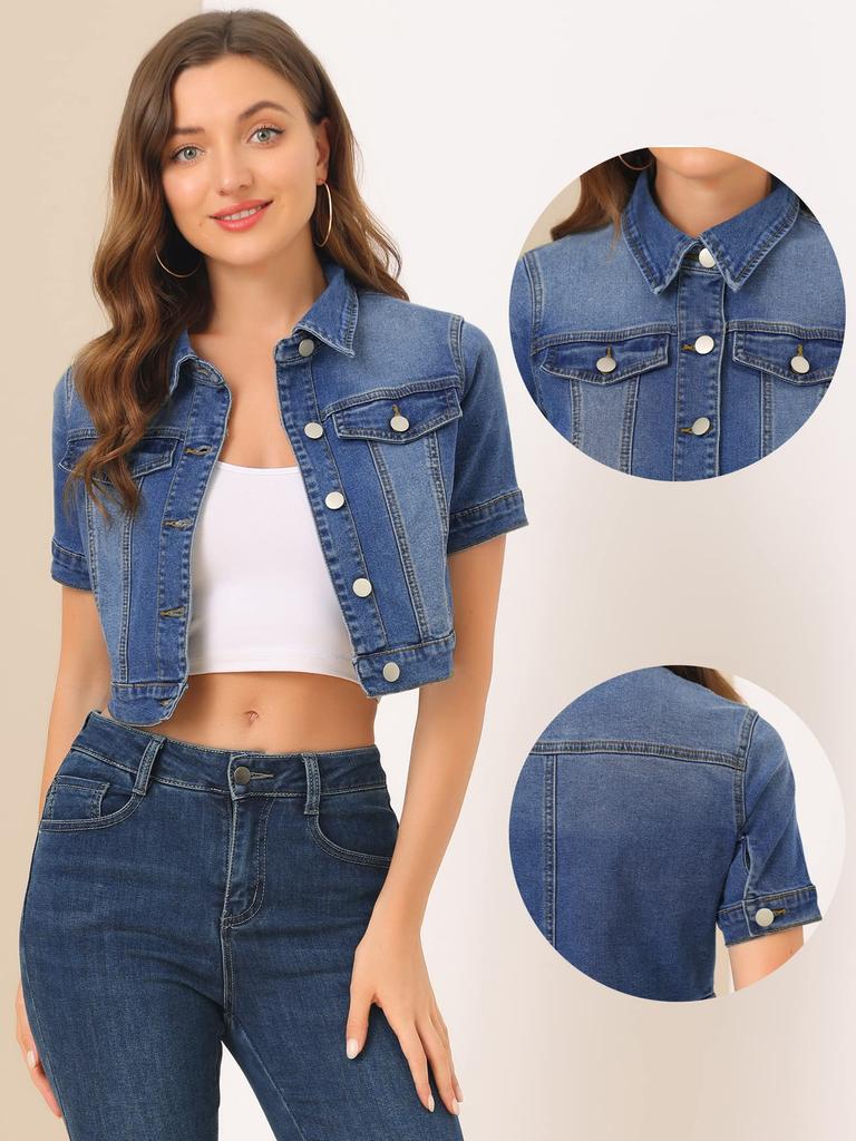 Allegra K Women's Short Sleeve Denim Crop Jacket, Casual, Blue, Size L