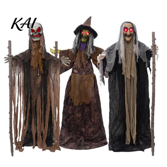 Skeleton Reaper Garden Statue Halloween Scary Animatronics Witch Decoration, Sound Activated Standing with Creepy Portable Foldable Holiday