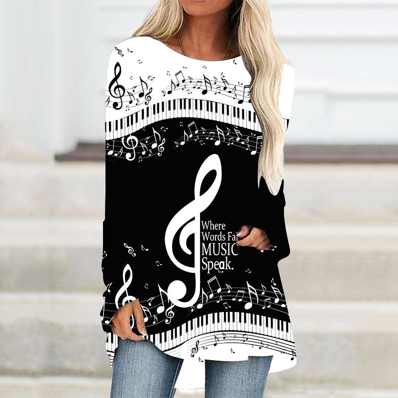 Plus Size Women Green Music Printed Comfy Long Sleeve Round Collar T-shirt Casual Baggy Mid Length Tee Tops For Christmas