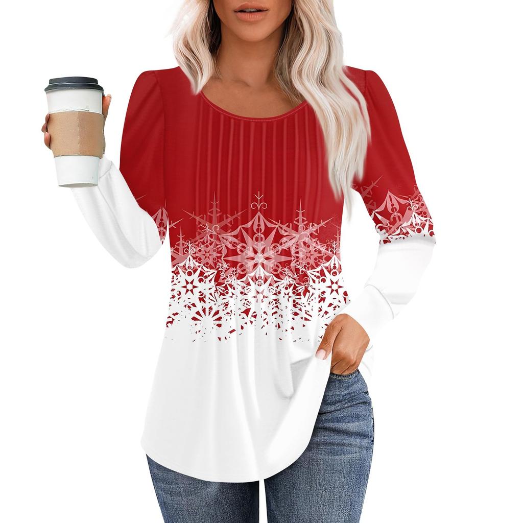 Рубашки с длинным рукавом для женщин, топы, нарядные повседневные блузки с рождественским принтом, плиссированные туники с круглым вырезом