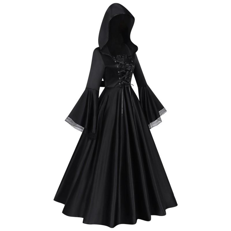 Gothic Hooded Medieval Long Dress Costume Halloween Witch Cosplay Stage Performance