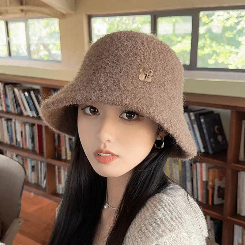Bucket hat exquisite lamb wool hat women's autumn and winter big head circumference plush knitted versatile thermal basin hat