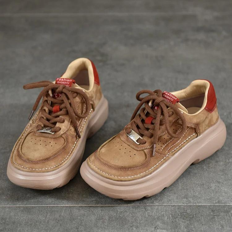 Johnature Genuine Leather Women's Shoes Thick Sole Mixed Colors Lightweight Lace-up Casual Shoes