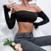 Футболка с отделкой из искусственного меха, базовый укороченный топ с длинными рукавами, женская футболка с открытыми плечами, повседневная майка, тонкий женский укороченный топ, модная футболка Y2k, уличная одежда