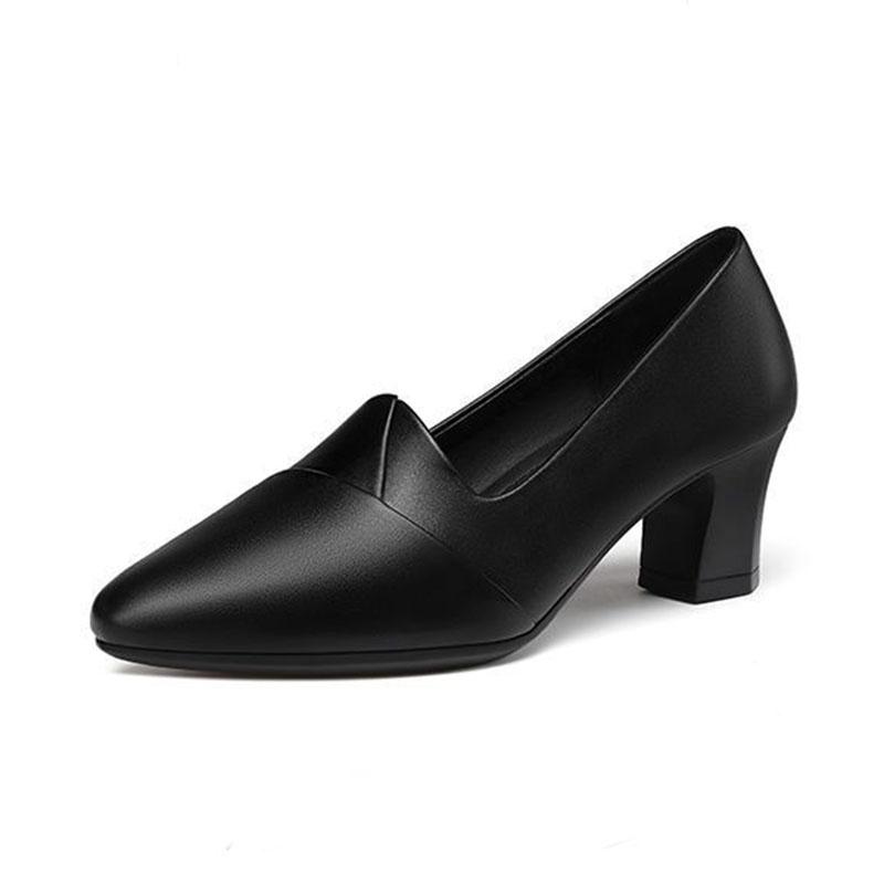 Мода Comemore Весна и Осень Новые Туфли-лодочки Одинарная обувь Черные 5см 7см Толстый каблук Женская обувь Повседневная Мягкая кожа Материнская Рабочая обувь