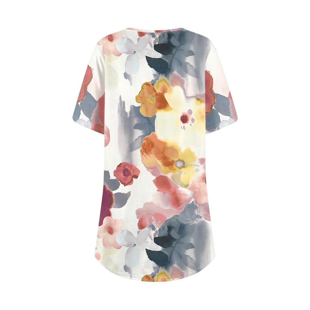 Women's Fashion Large Size Round Neck Short Sleeve Casual Print Loose Pullover Top