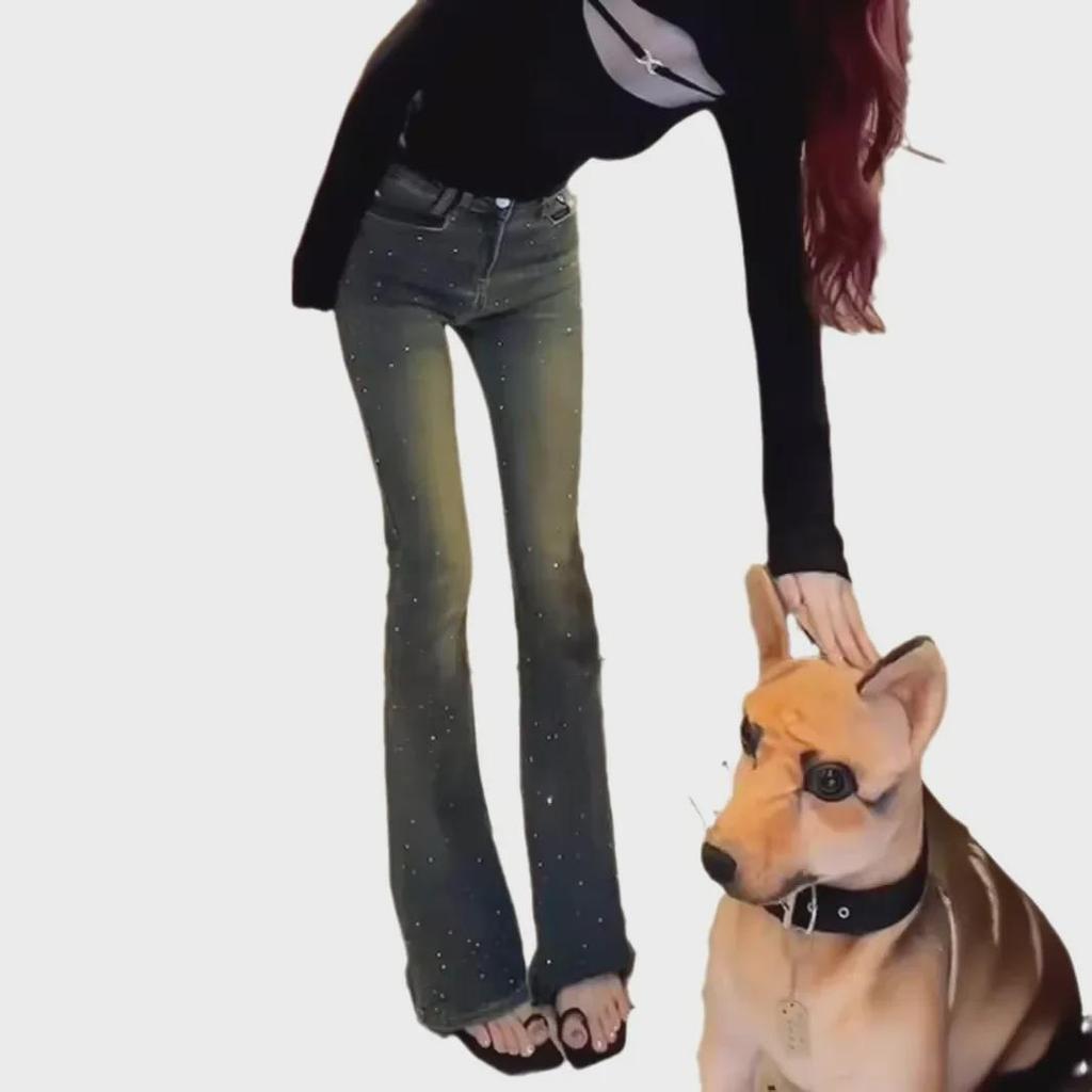 Spring Retro High Waist Distressed Denim Flared Jeans for Women