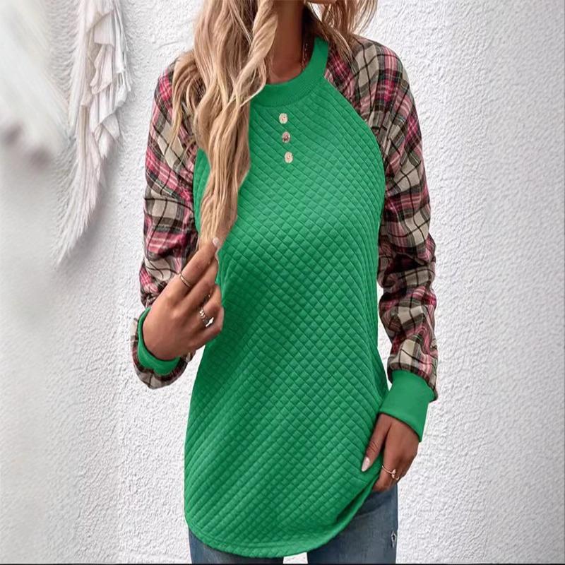2025 Women’s Fashionable Diamond Plaid Splicing Long Sleeve Round Neck Casual Sweater