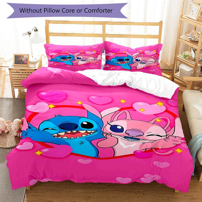 Stitch Adventure Flowers Bedding Set,Breathable Duvet Cover with Pillowcases,Soft Bed Linen for Bedroom Home Decoration,Perfect Festival Birth