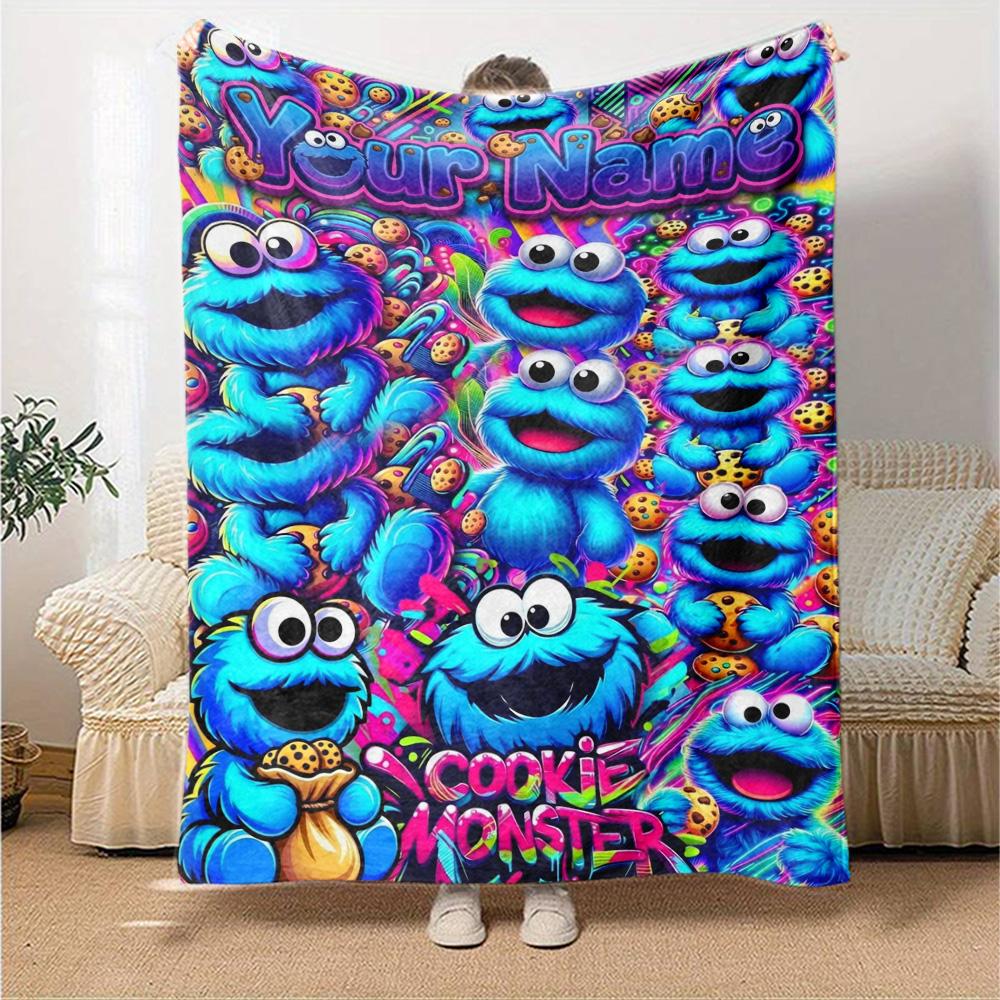 Name Custom Cookie Monster Print Flannel Blanket High Quality Warm Comfortable Cover for All Seasons Perfect for Gifts Home Decor