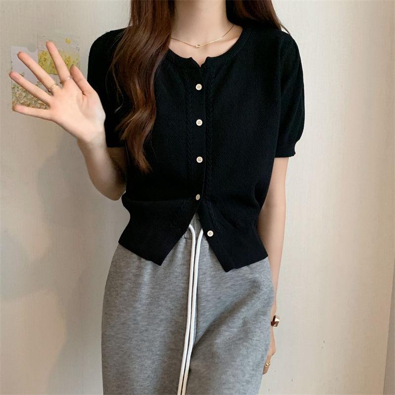 Трикотажный женский летний кардиган в французском стиле, в стиле ретро, с круглым вырезом и короткими рукавами