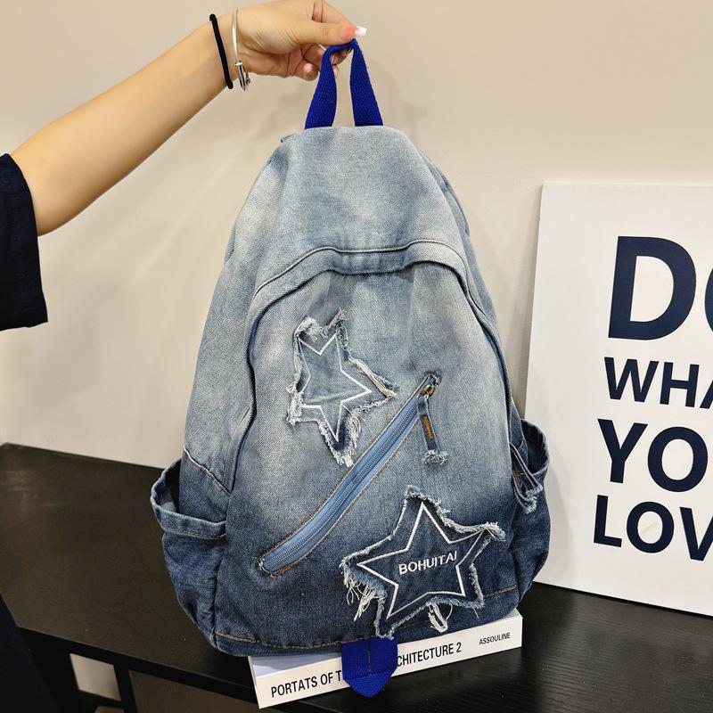 2025 Gradient Wash Star Design Retro Denim Backpack for Students