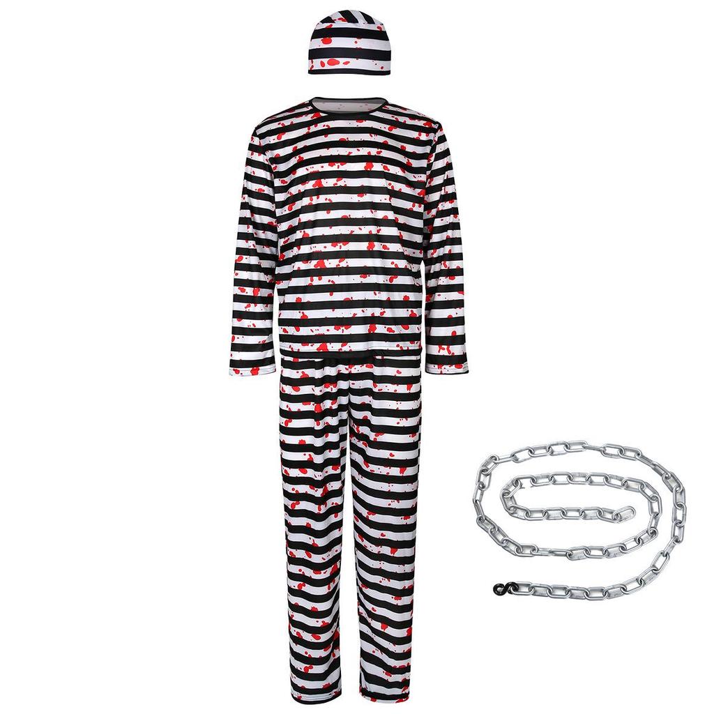 Полосатый костюм заключенного на Хэллоуин для детей и взрослых - Тема ужасов для Фестиваля призраков с дизайном пятен крови
