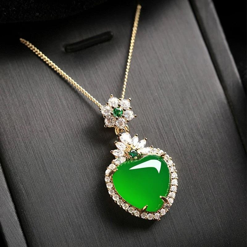 S925 Silver Real Jade Natural Green Chalcedony Heart Flower Pendant Bone Chain Necklace Carved Charm Jewelry Fashion Amulet Gift