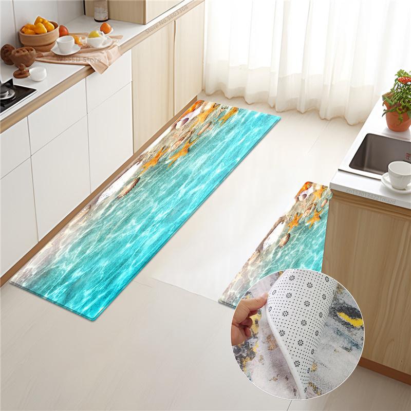 Коврик с волнами в морском стиле для кухни, пол, 3D морской принт, набор кухонных ковриков, губчатый материал, коврик для ванной комнаты, впитывающий нескользящий коврик