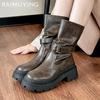 Платформа Женские Массивные Ботильоны Мода Средний Каблук Кожаная Обувь Новый Бренд 2025 Тренд Зима Готика Мотоциклетные Боты Женские