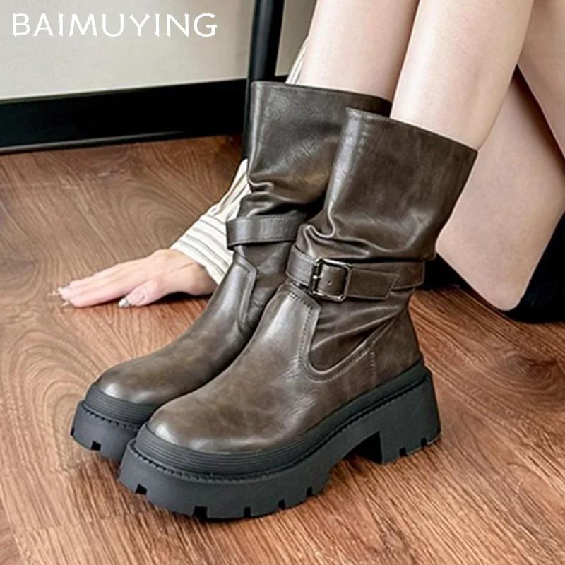 Платформа Женские Массивные Ботильоны Мода Средний Каблук Кожаная Обувь Новый Бренд 2025 Тренд Зима Готика Мотоциклетные Боты Женские