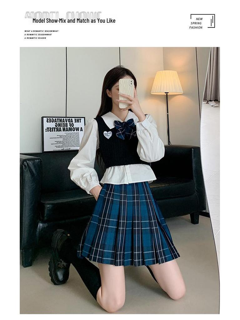 Женская синяя клетчатая юбка А-силуэта с высокой талией и плиссировкой - стиль колледжа, большого размера, короткой длины для весны и осени