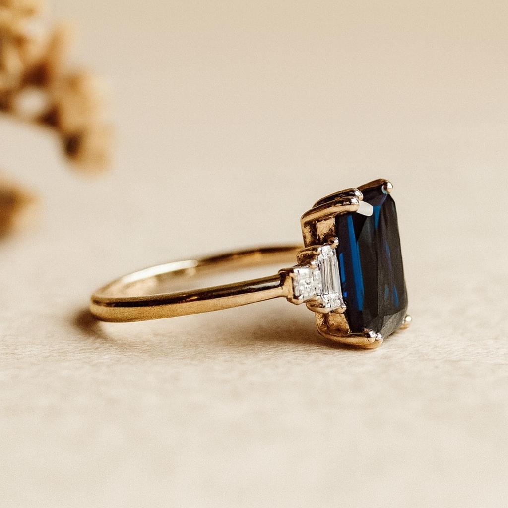 Emerald Cut Sapphire Ring with Baguette Cubic Zirconia – Classic Blue Gemstone Ring - Gold Plated 925 Sterling Silver Jewelry Gift