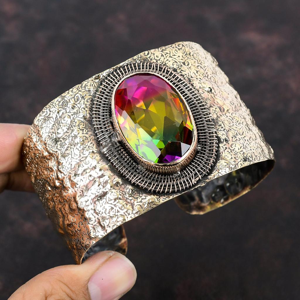 Браслет с граненым турмалином, регулируемый браслет-манжета с медной проволокой, браслет ручной работы с драгоценными камнями, старинные медные украшения, подарок на помолвку