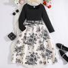 Модное платье для девочек 2025 Осень Детское элегантное платье с длинным рукавом и цветочным принтом
