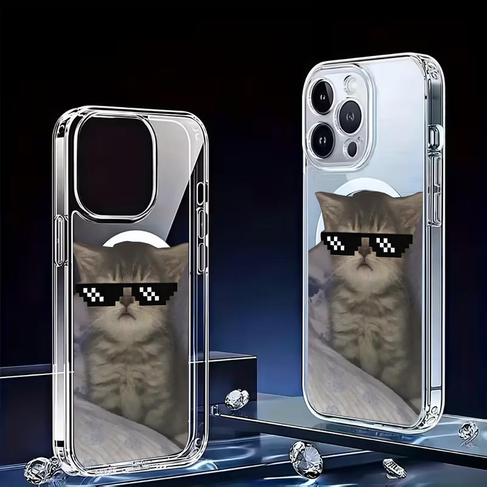 Крутой Кот Прозрачный Магнитный Чехол для Телефона Подходит для iPhone 17 16 15 14 13 12 11 Pro/Max/Plus Беспроводная Зарядка Защита от Падений