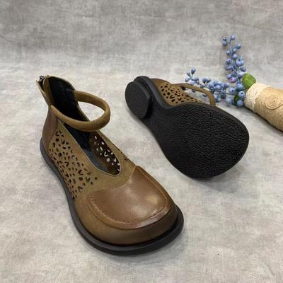 Модные весенне-летние новые туфли из мягкой кожи с большим круглым носком, вырезом с мелкой горловиной, на низком каблуке, модные комбинированные сандалии-гладиаторы на плоской подошве с задней молнией