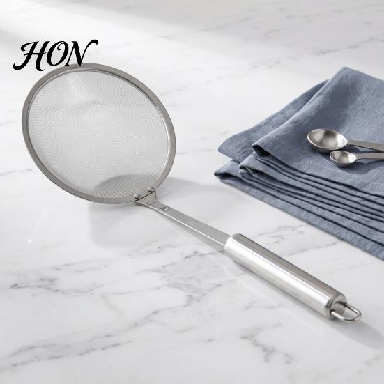 Professional Pasta Noodle Strainer Stainless Steel Fine Mesh Skimmer, 100-Mesh Oil Spoon with Kitchen Gadget Hanging Hook Long Handle, Ladle for Soup