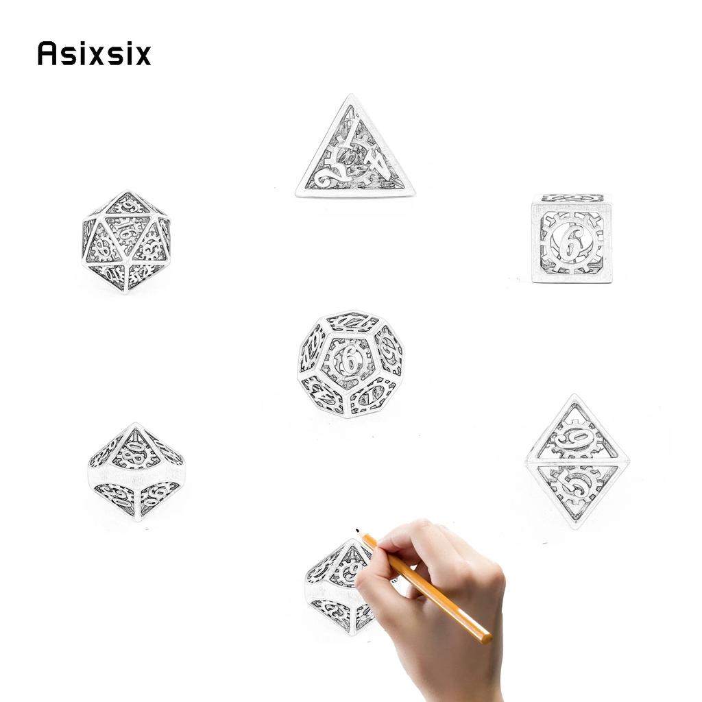 7 Pcs White Blue Gear Wheel Metal Dice Hollow Metal Polyhedral Dice Set Suitable for Role-Playing RPG Board Game Card Game