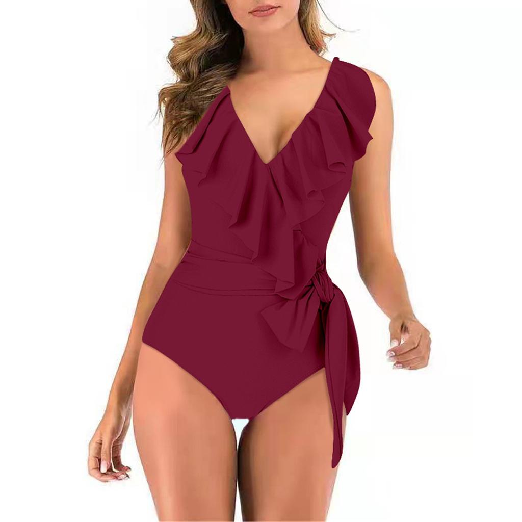 Women Ruffle V Neck  Swimsuits Tummy Tie Side Wrap Slimming Bathing Swimwear