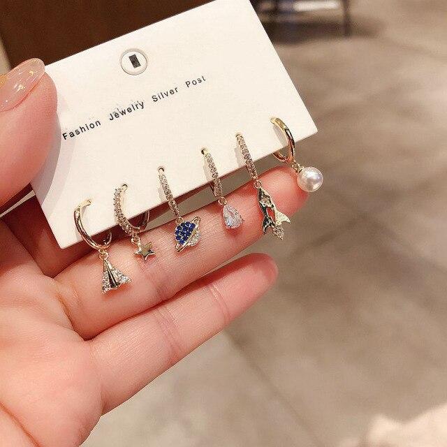 Модные серьги-кольца со звездами в виде самолетов и вселенной, комплект из 6 серег с микрокубическим цирконием для женщин, ювелирные изделия S-E1116