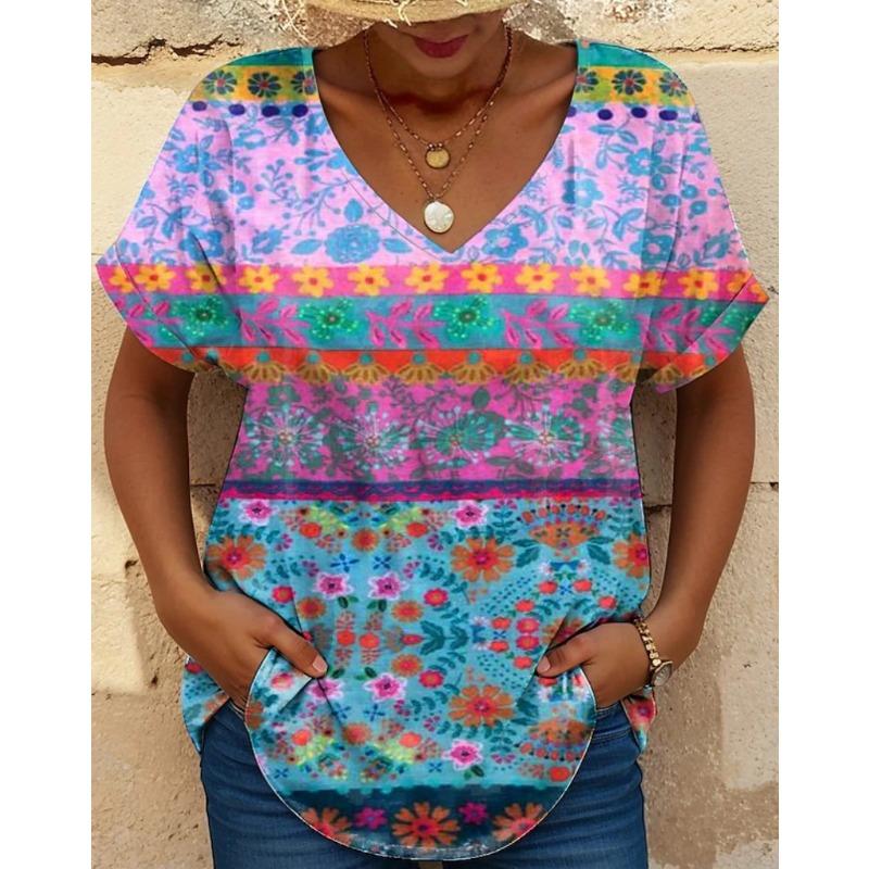 Женская футболка с красочным цветочным узором, летний повседневный топ с V-образным вырезом и короткими рукавами, одежда для женщин большого размера