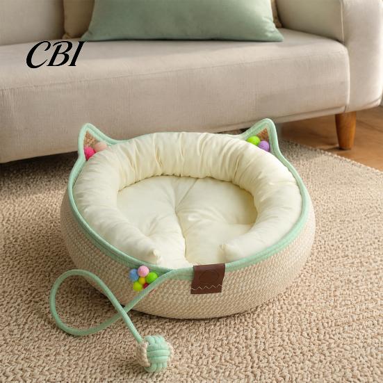 Woven Cat Bed Handwoven Cotton Rope Bed, Scratchable Indoor Sleeping Basket, Portable Pet House for Living Room Breathable Round Cats Kittens