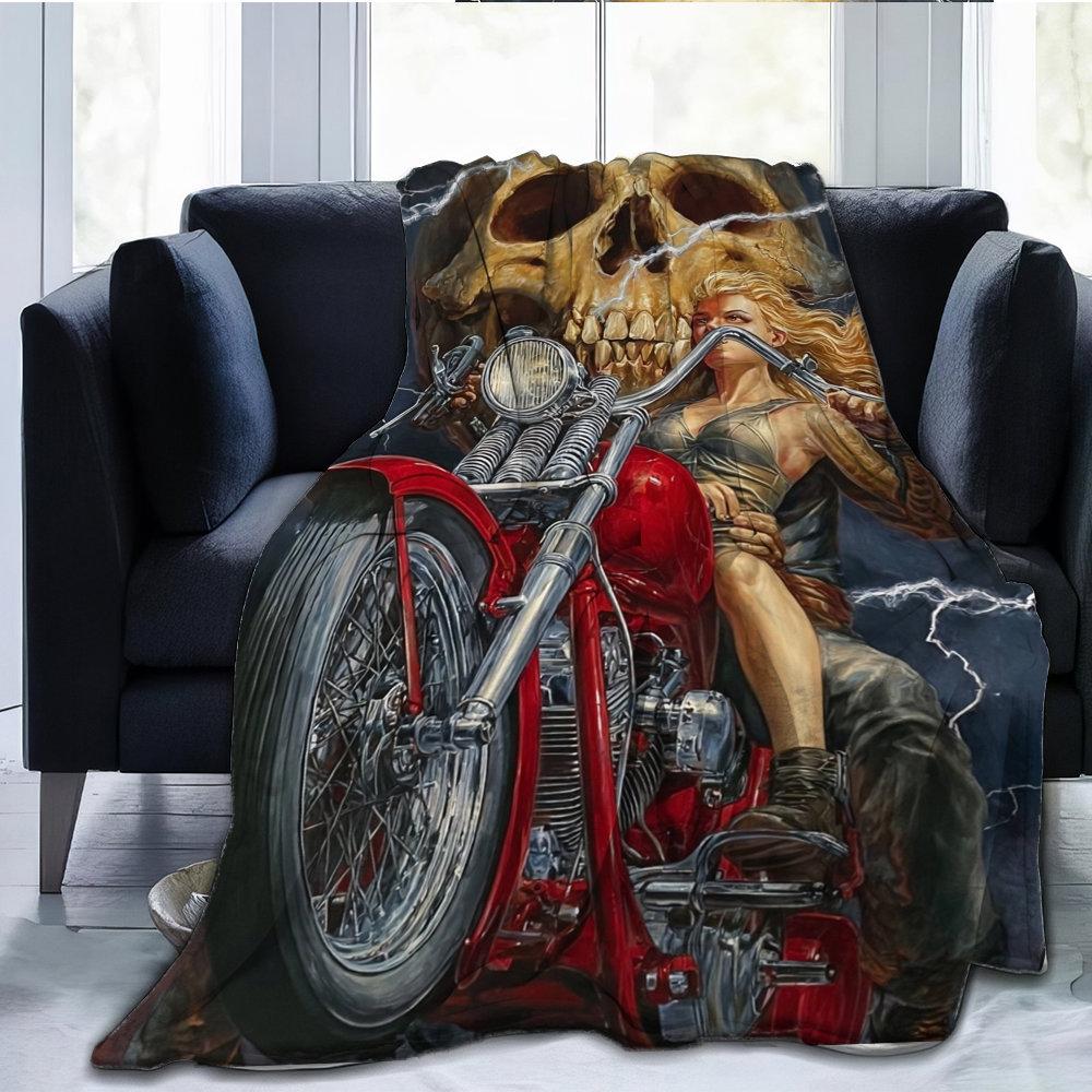 Motorcycle rider and skull design Flannel printed blanket suitable for all seasons suitable for living room office sofa travel