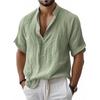 Men's Short Sleeve Linen Blend Shirt, Loose Fit Solid Color Mandarin Collar Pullover Shirt, Breathable Casual Top