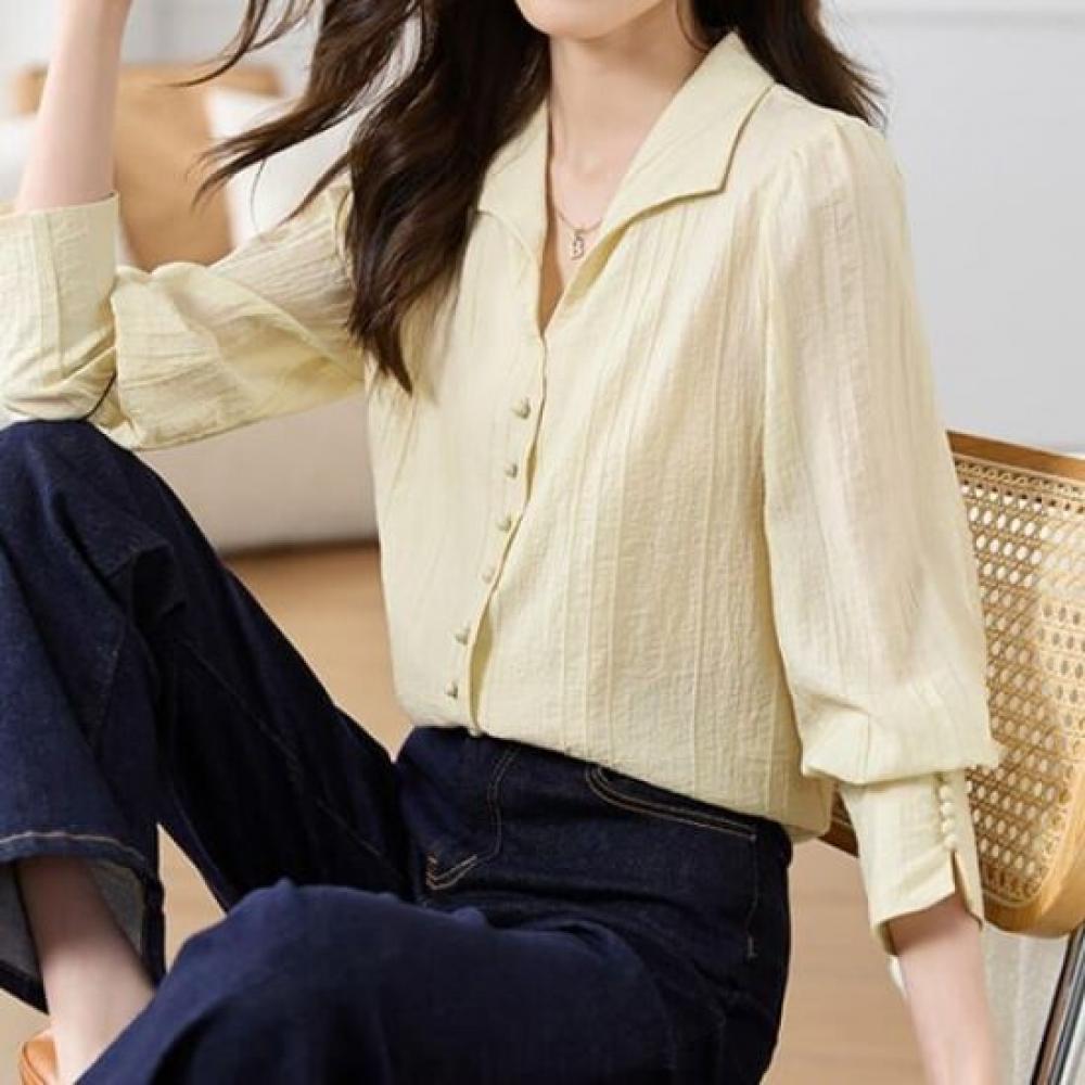 Navava Women Solid Collar Long Sleeve Blouse Nb3007