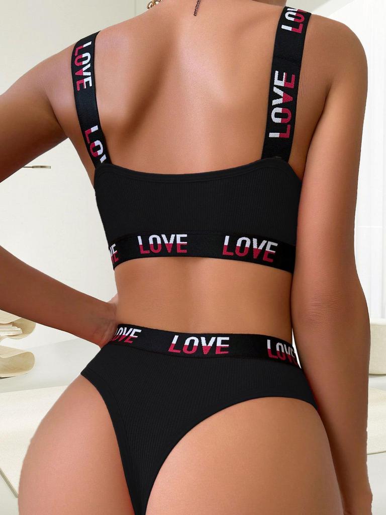 TERMEZY Women Push Up Bra Set Sexy Letter Sport Vest Bra Low Waist Thong Set Wire Free Bralette Lingerie Cotton Underwear Set