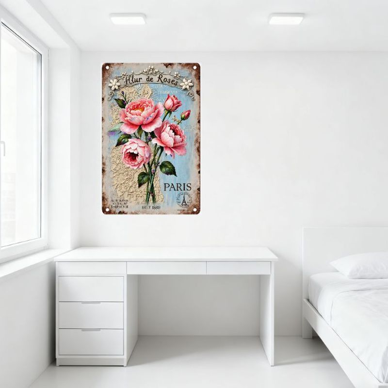 Винтажная металлическая жестяная табличка Fleur de Roses Париж Эйфелева башня Букет пионов Декор AUTEUR VINTAGE KUTT 1880 Домашний бар Кафе Настенная табличка