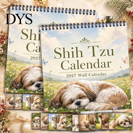 Ежедневник Shih Tzus 2027 Настенный календарь, Милый собачий подвесной планировщик, 12-месячный календарь с фотографиями животных на спирали для дома и офиса,