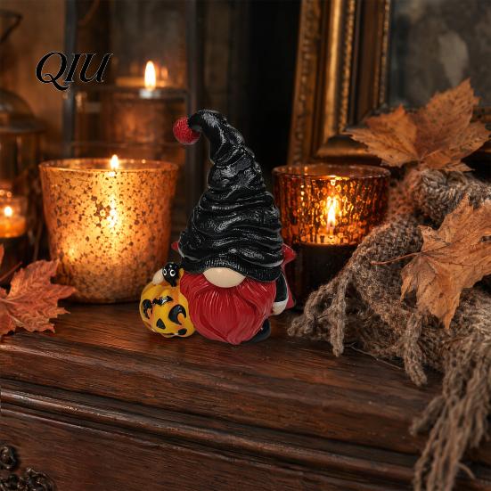 Halloween Themed Garden Art Gnome Figurine, Small Resin Pumpkin Statue, Wizard Witch Dark Style Statue Ornament for Home, Garden, Tiered Tray,