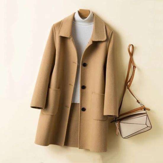 Wool Blend Coat Single Breasted Mid-Length Pea Coat Notch Lapel