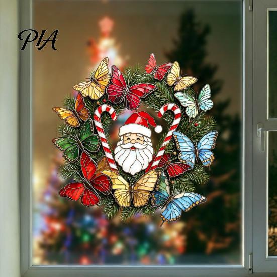 Holiday Glass Stickers Christmas Wreath Window Sticker, Stained Style, Removable Santa Butterfly Candy Waterproof PVC Static Clings Cane Decal, Cling