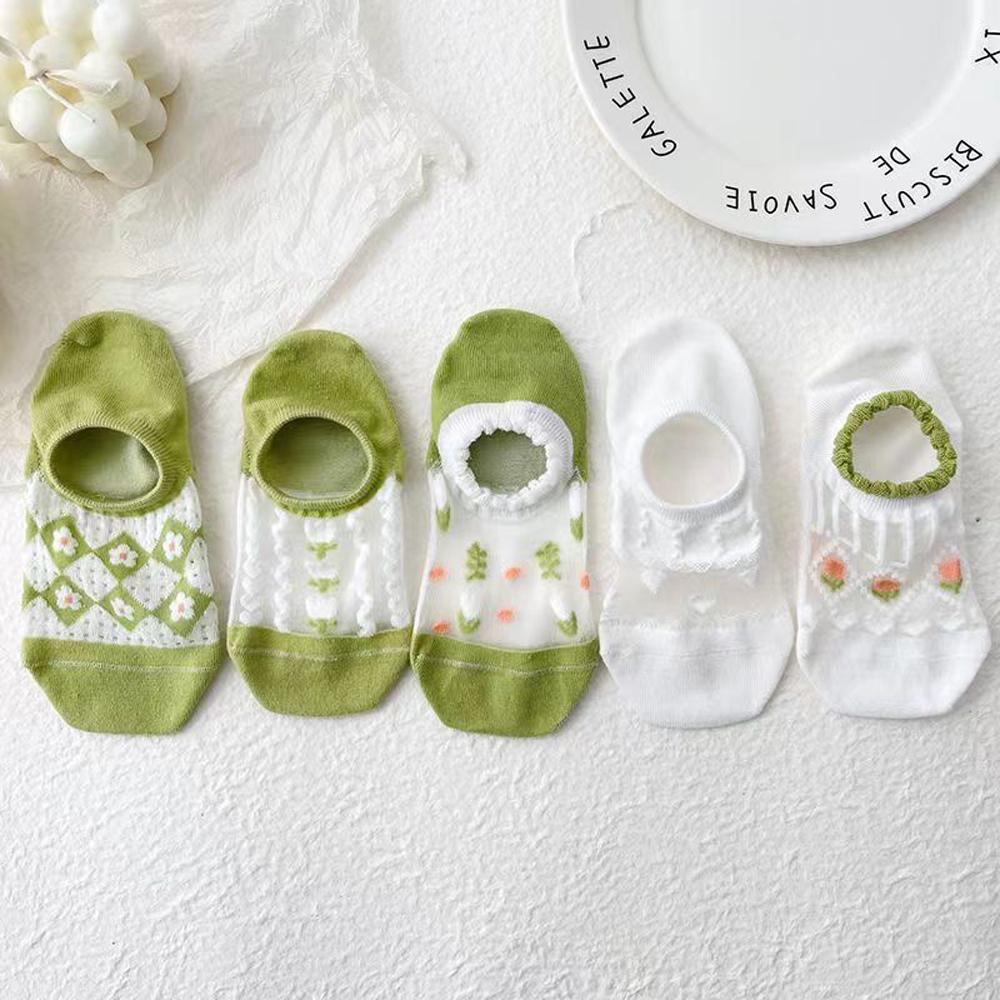 6 Pairs Women's Floral Mesh No-Show Socks Y2K Kawaii Lace Trim Breathable Ankle Socks With Harajuku Style Green Cute Boat Socks